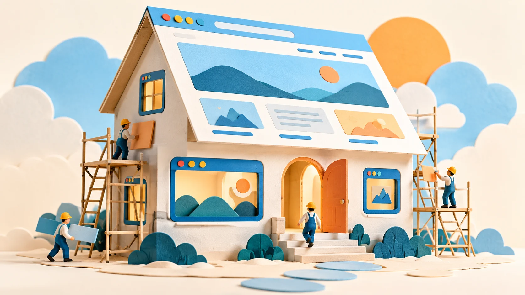 Webページを家に見立て、足場と階段でブログ開設を表したイラスト